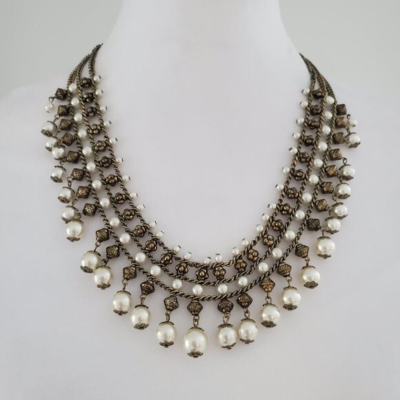 Vintage Pearl Statement Necklace Rustic Brassy Ornate Triple Chain Cleopatra - Picture 1 of 6